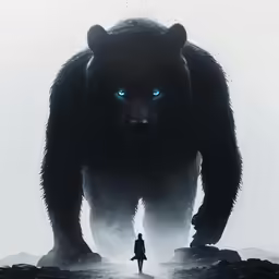 a large black bear stands next to the light