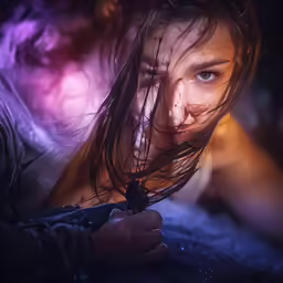 a woman that is looking down at her hair