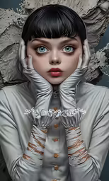 an altered portrait of a woman with her hands in her ears