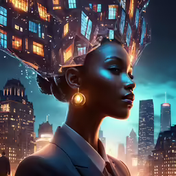 a woman with big earrings in front of a cityscape
