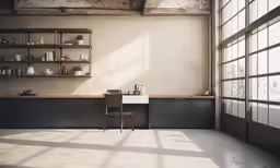 an empty dining room is shown with a white table and black cabinets