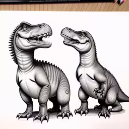 pencil drawing of two dinosaurs facing each other,two alligators with mouths open and their heads open