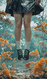 a young woman jumping over leaves and flowers