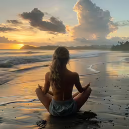 woman sitting on the beach and looking at the ocean,a woman sitting on the beach at sunset