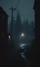 streetlights on a dark street at night with fog