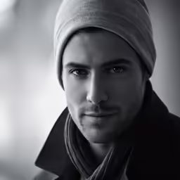 a black and white photo of a man wearing a winter hat