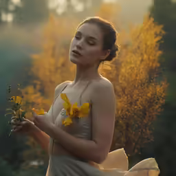 a woman wearing a gray dress and yellow flowers in her hands