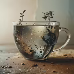 a teacup with water and small leaves is shown