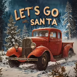 an old red truck is driving in the snow