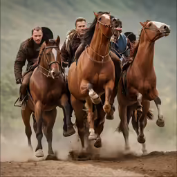 three horses with riders galloping in the sand