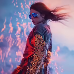 a woman in sunglasses stands and looks off to the side