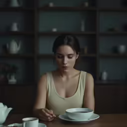 a woman sits at a table in front of plates and cups