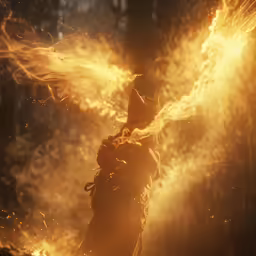 a character with fire and sparks holding his arms up in the air