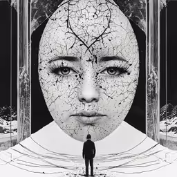 a man is standing in front of a face and the shape of a woman,a man standing in front of a painting with cracked faces