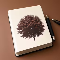 a notebook with a picture on it sitting on a table next to a pen