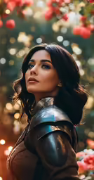 a woman in armor posing in front of some lights