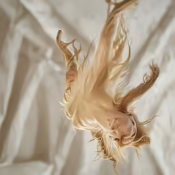 a woman floating upside down with her head in the air