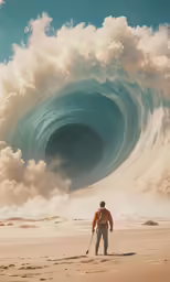 a man is standing on a beach with a paddle