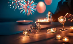 many lit candles and plates sit on the table