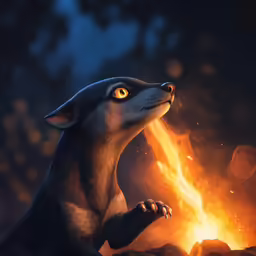 a black dog that is standing up near a fire