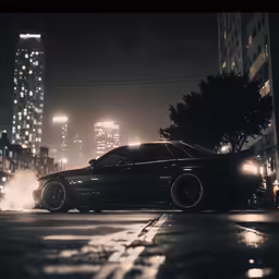 an old mustang is pictured in this dark city image
