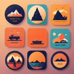 six flat lay icons depicting different destinations and transportations,a collection of six circular magnets with mountains and ocean scenes