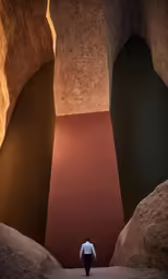 a person walking away from the camera inside a cave