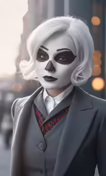 an animated woman with black make - up and white hair