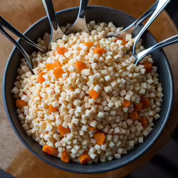 there is a bowl full of diced vegetables in it