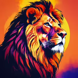 a lion looking towards the distance with the sun in the background,an image of a lion with an orange background