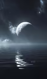 a large moon floating over a body of water