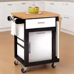 small rolling cabinet cart with food trays on top