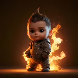 this little doll appears to be standing in front of fire