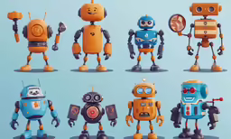 a set of six robots posed in different poses