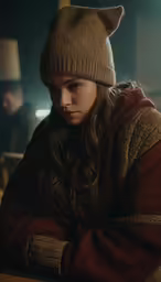 a woman with a knit hat and coat looks at the camera