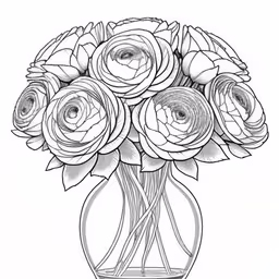 a vase with lots of flowers in it,an image of a drawing of flowers in a vase,an ink drawing of a flower bouquet in a vase,drawing flowers in vase with line work,a vase filled with lots of flowers on top of a table