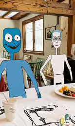 a table topped with a blue figure cut out