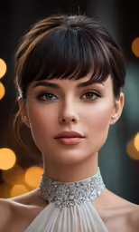 the model is wearing a high neck choker and a diamond necklace