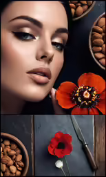 a woman is sitting on the ground with nuts, flowers and nutshells