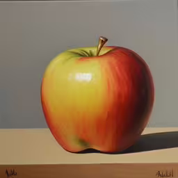 an apple painted in oil is sitting on a table,an apple that is on a wood block,an apple sits on a table against a gray backdrop,a painting of an apple on the table,a painting of an apple is shown here