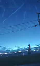 a person standing next to power lines at dusk