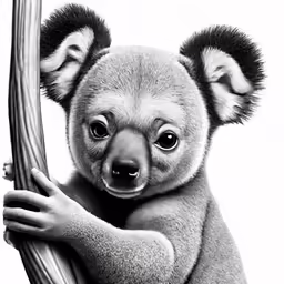 a small koala holding on to a piece of bamboo