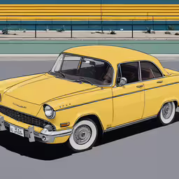 a yellow car in a parking lot,an yellow car that is driving down the road