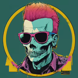 a man wearing red hair, sunglasses and a skull with a pink mohawk,the poster for a movie, showing a skull with glasses on