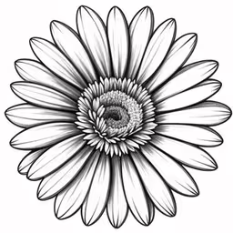 the head of a flower drawn in black and white,a flower that is very large and blooming,a drawing of a flower with a white background,the center of the flower of a daisy,a simple drawing of a flower with lots of petals