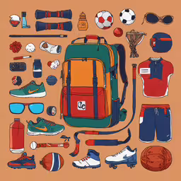 an assortment of sports gear including backpack and other objects,the back to school collection, with sports items and sunglasses