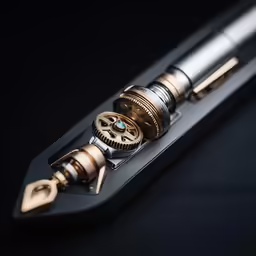 an ornate mechanical ballpoint pen with a mechanical movement on the top