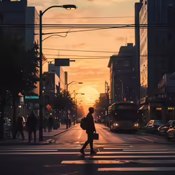 a woman crossing the street in a city