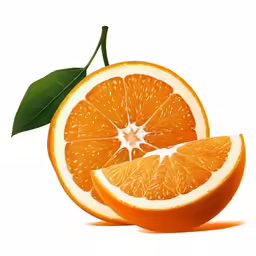 the halves of oranges are shown with a leaf on each side