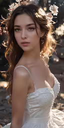 a woman wearing a white dress standing on dirt
